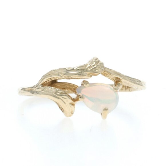 Yellow Gold Opal Solitaire Ring - 14k Pear Cabochon .22ct Leaves